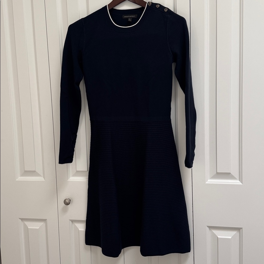 BANANA REPUBLIC DRESS FIT FLARE TIPPED SWEATER RiBBED LONG SLEEVE BLUE S 363263